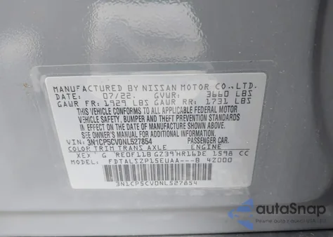 2022 Nissan Kicks Sv Xtronic Cvt from USA, damaged, VIN 3N1CP5CV0NL527854